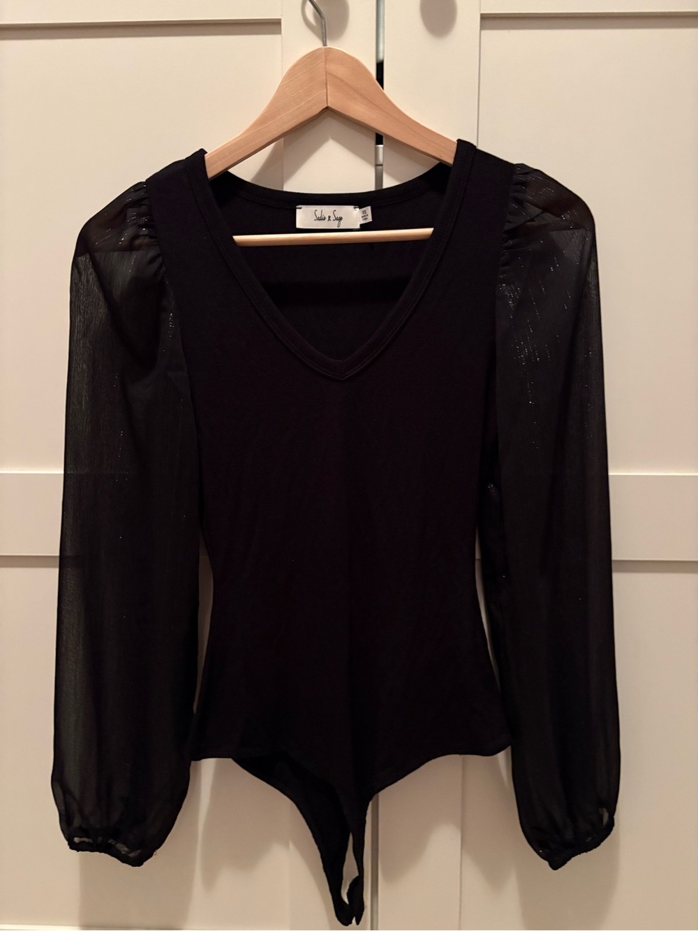 Sadie & Sage Black V-Neck Bodysuit with Sheer Puff Sleeves